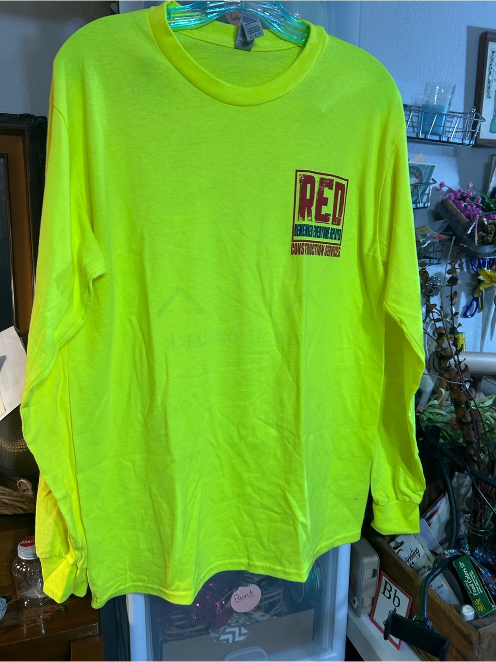 Hanes Long Sleeve Tee - Neon Yellow with Red Logo